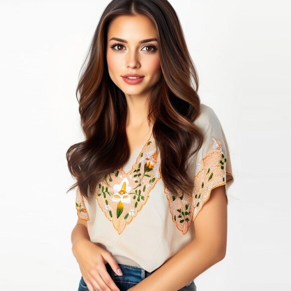 Vintage Ethnic Floral Embroidered Top Short Sleeve Shirt Mexico Yellow Cream - Picture 1 of 10